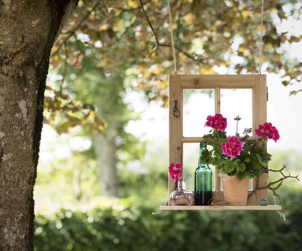 Pinke Geranien in Töpfen und Vasen stehen auf einem vom Baum hängenden Holzfenster mit Fensterbrett