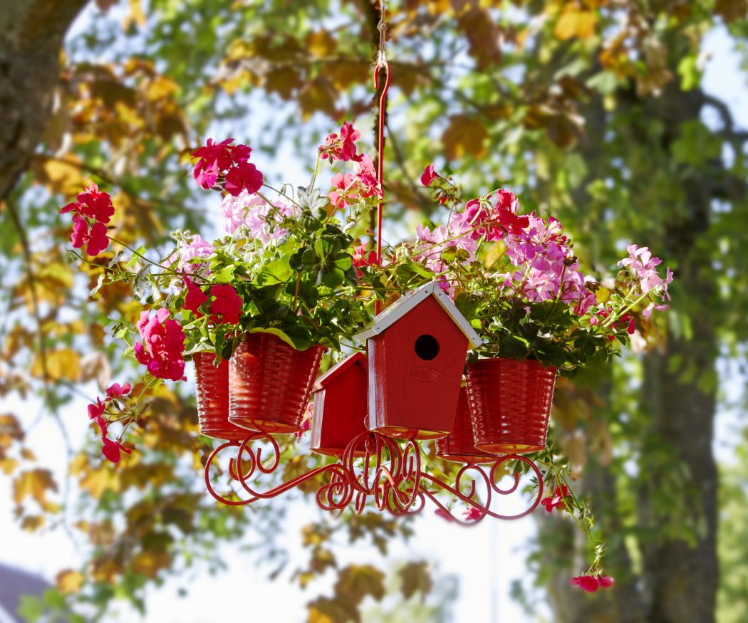 Upcycling DIY Aufhängung aus Kronleuchter mit Nistkasten und Geranien in roten Töpfen an einem Baum